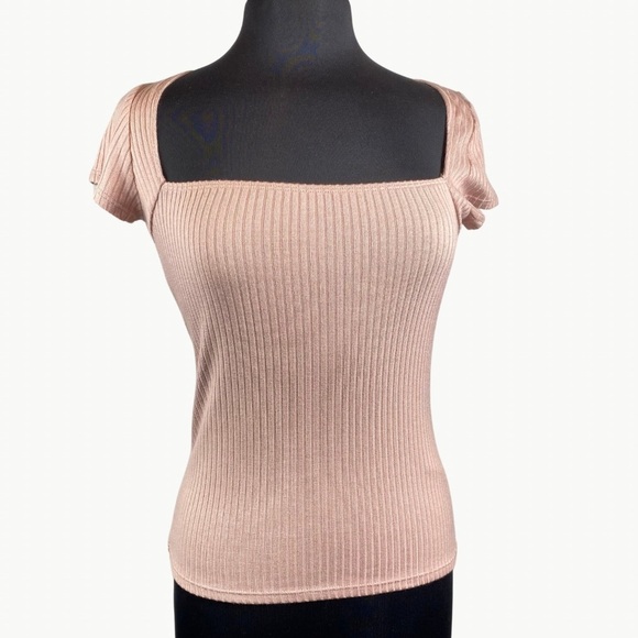 Reformation Women's Bardot Ribbed Knit Square Neck Top Sz Medium, Blush Pink - Picture 3 of 15